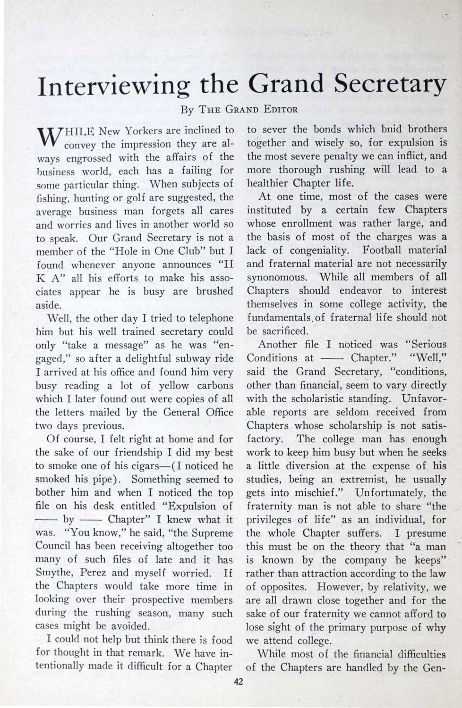 Interviewing The Grand Secretary, October 1928